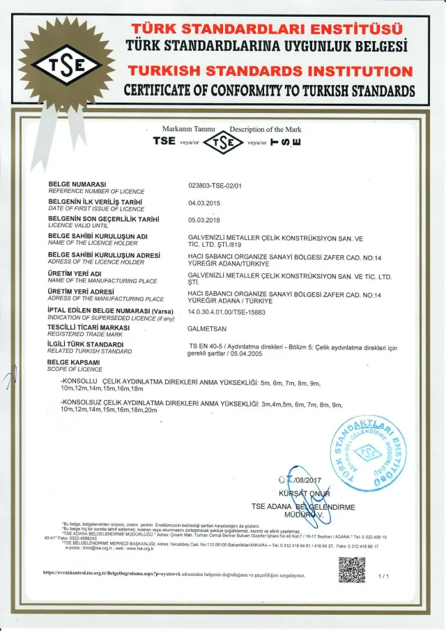 TS EN 40-5 — Çelik aydınlatma direkleri