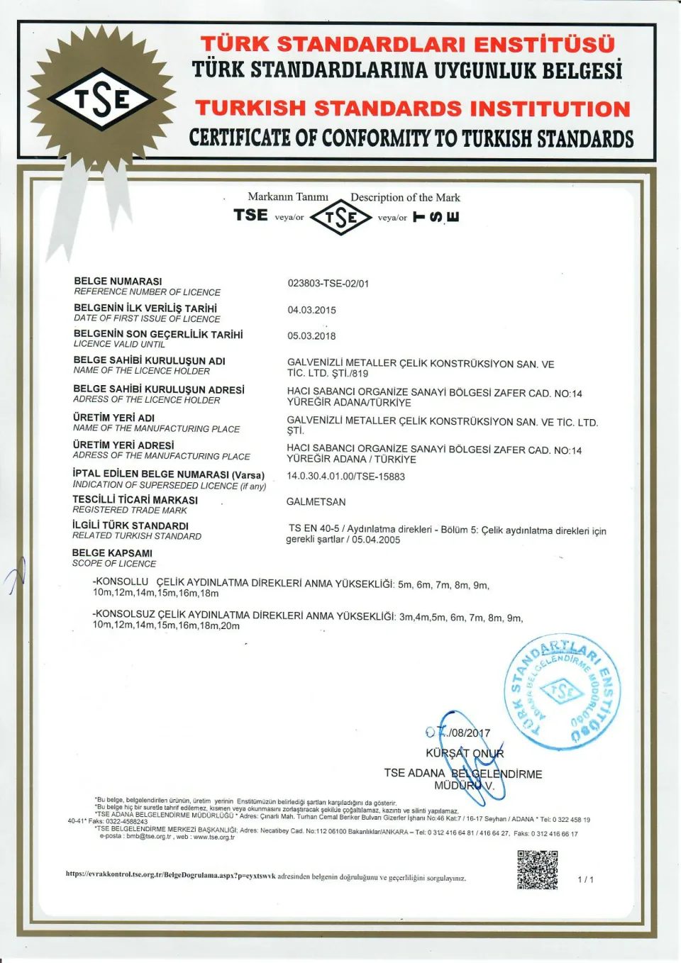 TS EN 40-5 — Çelik aydınlatma direkleri