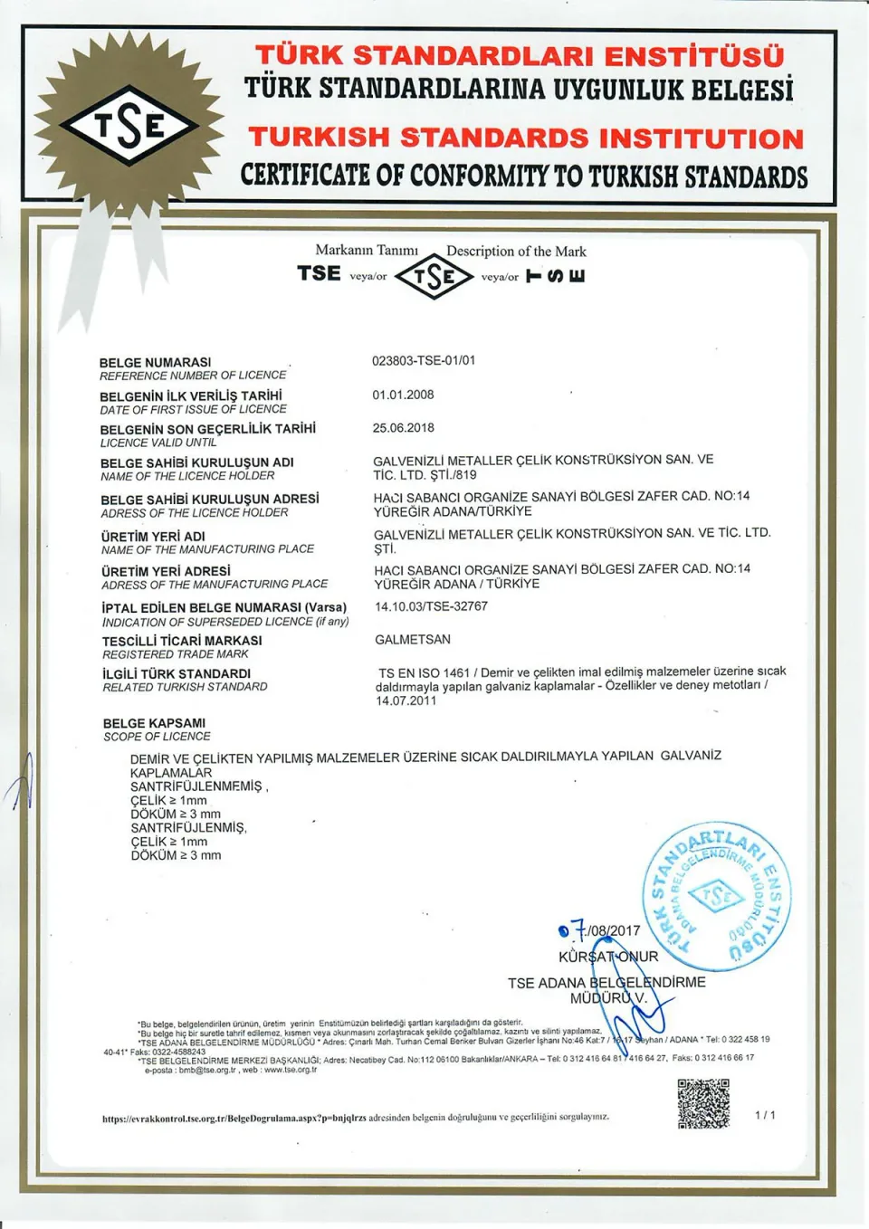 TS EN ISO 1461 — Galvaniz kaplama